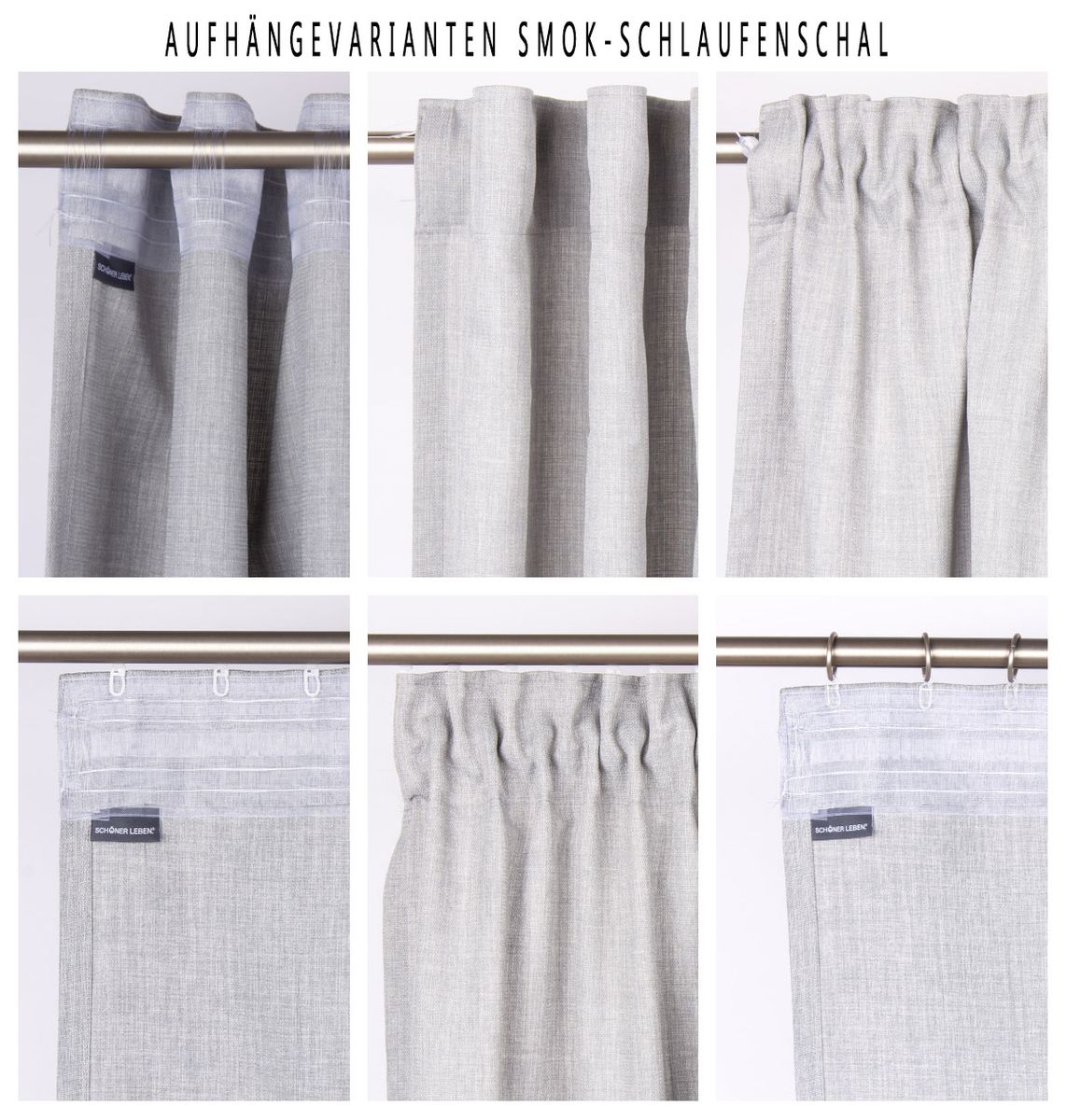 SCHÖNER LEBEN. Thermovorhang Thermochenille Akustik Kälteschutz INUIT braun 245cm oder Wunschlänge verschiedene Aufhängungsarten eines hellen Chenille-Vorhangs, Detailansichten von Falten, Schlaufen und Ringen an