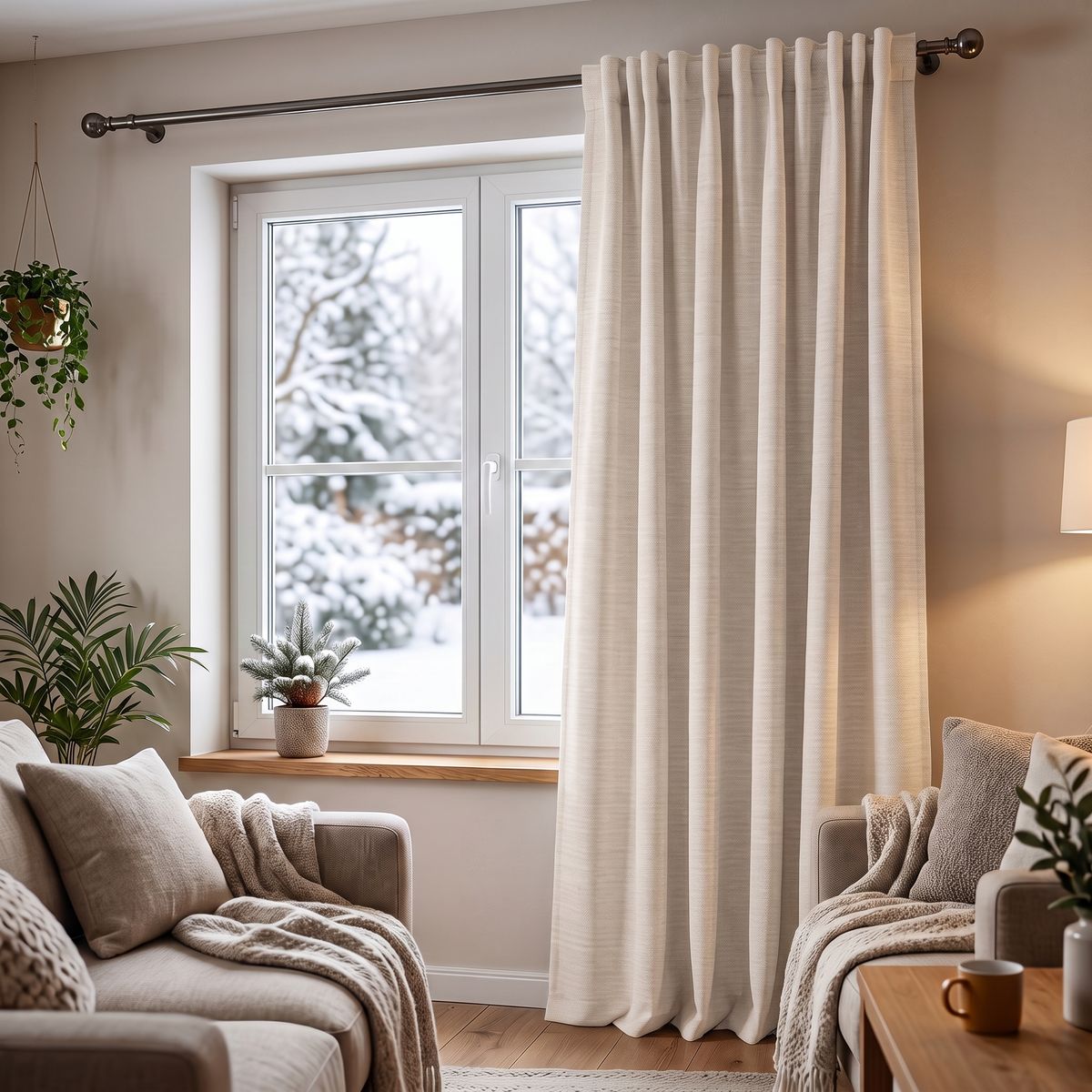 Wollweißer Thermovorhang aus Chenille im Wohnzimmer, bodenlang vor Fenster, winterliche Szenerie draußen