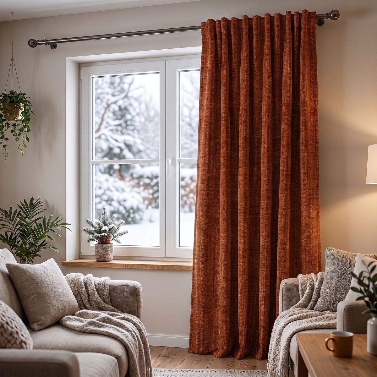 SCHÖNER LEBEN. Thermovorhang Thermochenille Akustik Kälteschutz INUIT terracotta 245cm oder Wunschlänge Wohnzimmer mit dichter Thermochenille Gardine in terracotta vor Fenster, winterliche Stimmung, warme Textilien auf Sofa