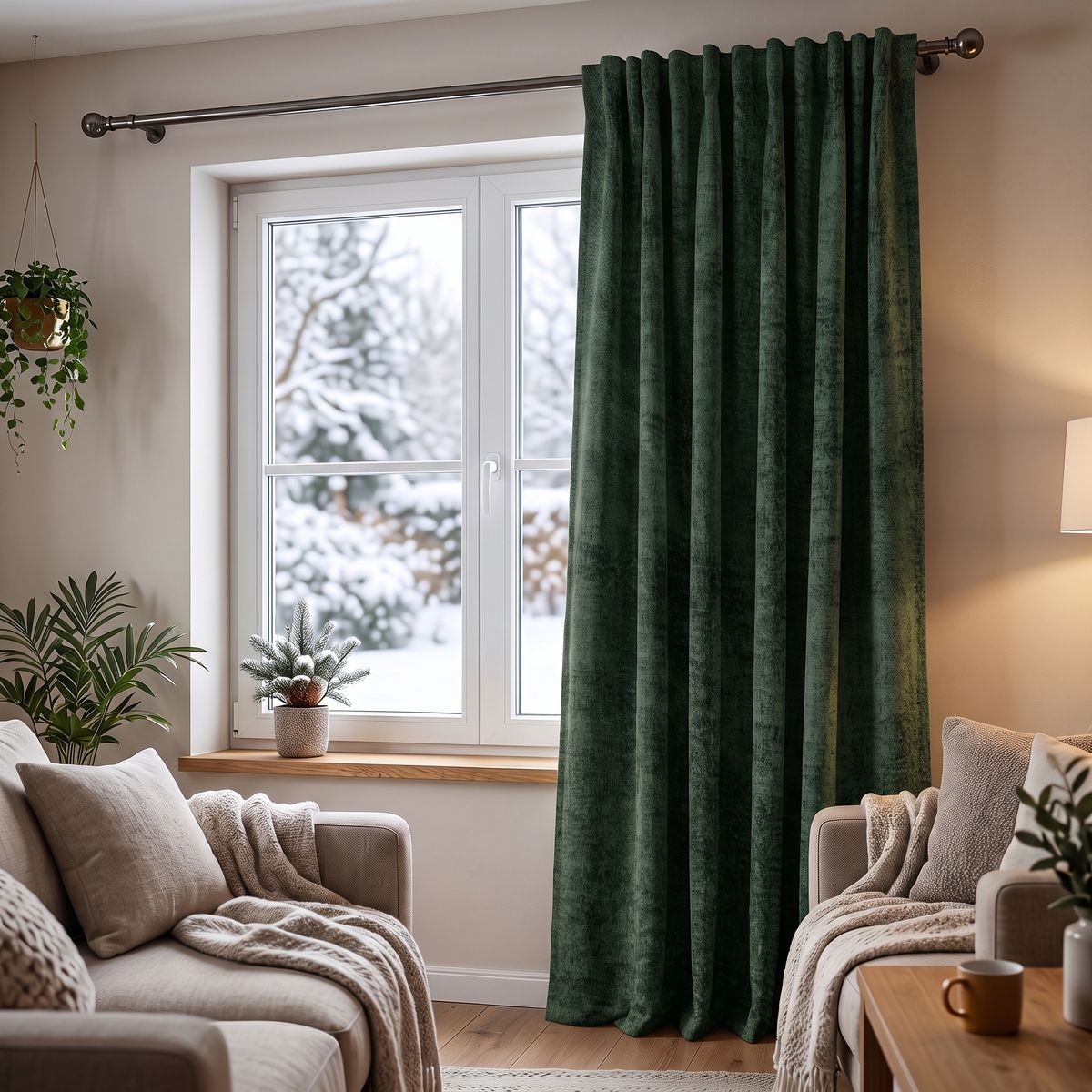 dunkelgrüner Akustikvorhang im gemütlichen Wohnzimmer, blickdichter Stoff am Fenster, winterliche Kulisse draußen