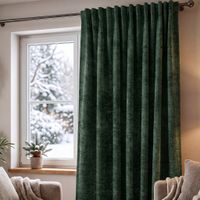 Thermovorhang in dunkelgrün vor Fenster, weicher Stoff, Wohnzimmer, im Faltenwurf hängend