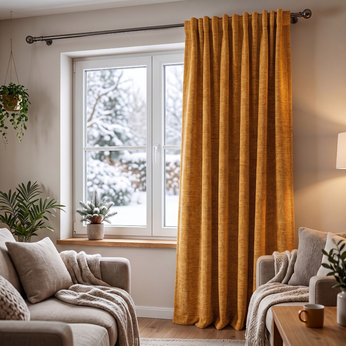 Wohnzimmer mit Thermovorhang Soft Teddy Deluxe ockergelb, Sofa und Pflanzen, verschneites Fenster im Hintergrund