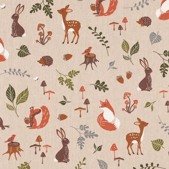 Dekostoff Forest Wood Animals Waldtiere Pilze Blätter natur braun gr