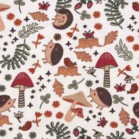 Baumwolljersey AUTUMN HEDGEHOG Igel Pilze Blätter wollweiß braun rot