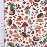 Baumwolljersey AUTUMN HEDGEHOG Igel Pilze Blätter wollweiß braun rot
