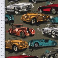 Sweatstoff Digitaldruck Oldtimer Autos grün rot gelb petrol 1.45m