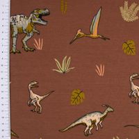 French Terry Sommersweat Dinosaurier Blätter Gräser braun grün beig