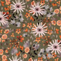 Sweatstoff Digitaldruck Aquarell Blumen khaki orange rosa 1.45m