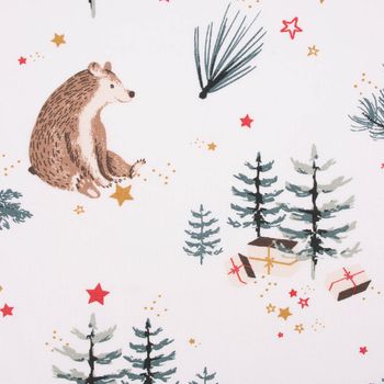 Baumwollstoff LUDWIG Weihnachten Tannenbaum Bär Geschenke weiß grün