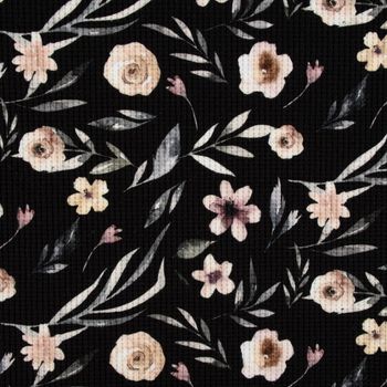 Waffeljersey Waffelstrick Digitaldr. Aquarell Blumen schwarz beige gr