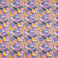 Dekostoff Baumwolle Digitaldruck Retro Pop Obst Blumen lila bunt 1.40m