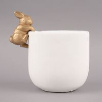 Übertopf mit Hase Zement weiß goldfarbig 14x19cm