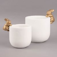 Übertopf mit Hase Zement weiß goldfarbig 14x19cm