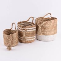 Korbset aus Jute und Baumwolle 3-teilig mit Henkeln und Quaste natur weiß 24x26cm