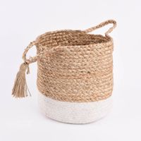 Korbset aus Jute und Baumwolle 3-teilig mit Henkeln und Quaste natur weiß 24x26cm