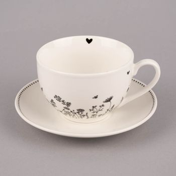 Clayre & Eef Tasse mit Untertasse Wiesenblumen Porzellan cremeweiß schwarz 200ml
