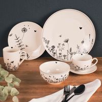 Clayre & Eef Tasse mit Untertasse Wiesenblumen Porzellan cremeweiß schwarz 200ml