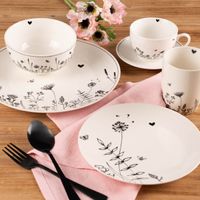 Clayre & Eef Tasse mit Untertasse Wiesenblumen Porzellan cremeweiß schwarz 200ml
