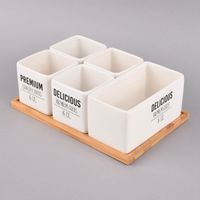 6tlg. Set Keramik Servierschalen mit Tablett aus Bambus weiß natur 27x17.5x9.5cm