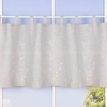 Bio Schlaufenbistro Scheibengardine aus Bio Baumwolle Blätterstickerei Leinenstruktur halbtransparent hellgrau 150x50cm