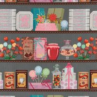 LeQuilt Patchworkstoff Baumwollstoff Popeline Süßigkeiten Leckereien im Regal 115cm Breite