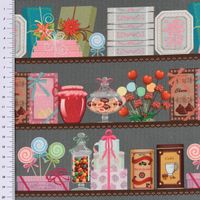 LeQuilt Patchworkstoff Baumwollstoff Popeline Süßigkeiten Leckereien im Regal 115cm Breite