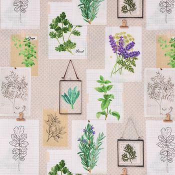 LeQuilt Patchworkstoff Baumwollstoff Popeline Kräuter Pflanzen Bilderwand beige grün lila 115cm Breite