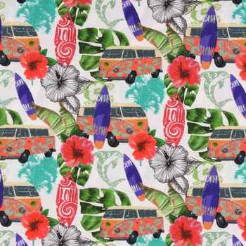 LeQuilt Patchworkstoff Baumwollstoff Popeline Waikiki Blumen Blätter Bus Surfbrett weiß bunt 115cm Breite