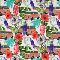 LeQuilt Patchworkstoff Baumwollstoff Popeline Waikiki Blumen Blätter Bus Surfbrett weiß bunt 115cm Breite