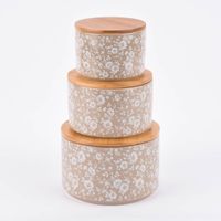 3er Set Vorratsdose Blumenranken aus Keramik mit Bambusdeckel weißer oder beigefarbener Hintergrund 16x11cm