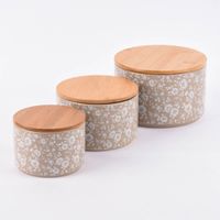 3er Set Vorratsdose Blumenranken aus Keramik mit Bambusdeckel weißer oder beigefarbener Hintergrund 16x11cm