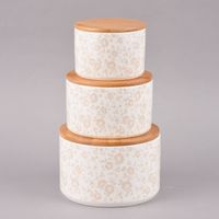 3er Set Vorratsdose Blumenranken aus Keramik mit Bambusdeckel weißer oder beigefarbener Hintergrund 16x11cm