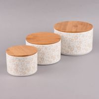3er Set Vorratsdose Blumenranken aus Keramik mit Bambusdeckel weißer oder beigefarbener Hintergrund 16x11cm