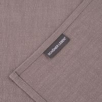 Detailansicht des grauen Geschirrtuchs mit SCHÖNER LEBEN. Label – hochwertige Kantenverarbeitung