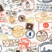 Baumwolljerseystoff Stamps Stempel Reisepass wollweiß braun orange gr