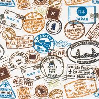 Baumwolljerseystoff Stamps Stempel Reisepass wollweiß braun blau 1.45m