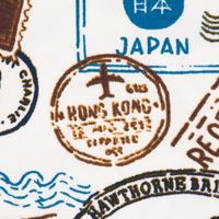 Baumwolljerseystoff Stamps Stempel Reisepass wollweiß braun blau 1.45m