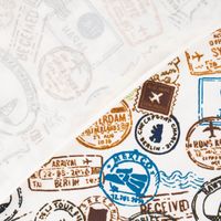 Baumwolljerseystoff Stamps Stempel Reisepass wollweiß braun blau 1.45m
