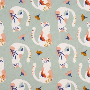 Baumwollstoff Webware Tacha Katzen Blumen mint 1.47m Breite