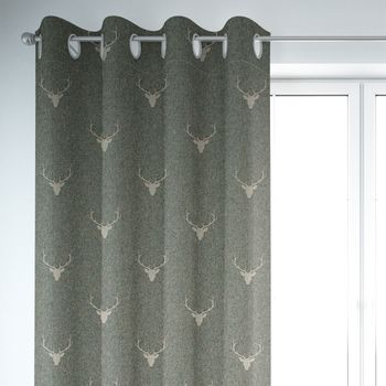 SCHÖNER LEBEN. Vorhang Jacquard Hirschkopf mit Geweih grün beige