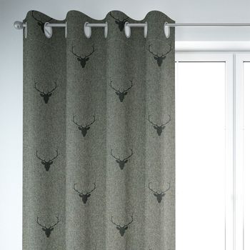 SCHÖNER LEBEN. Vorhang Jacquard Hirschkopf mit Geweih grün dunkelgrün