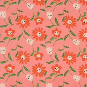 Tischdeckenstoff besch. Baumwolle Enduit Blumen mit fröhlichen Gesichtern rosa 1.45m