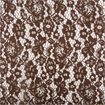 Spitzenstoff Trachtenspitze Festtagsspitze floral beidseitige Bogenkante uni in verschiedenen Farben 1,46m Breite Detailaufnahme von brauner Spitzenmustertextur mit floralem Design in dichter Wiederholung.