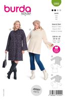 Burda Schnittmuster 2 frauen mit dunkelblauem gemustertem Kleid und cremwfarbener Rollkagenpulli