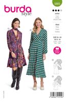 85243-Burda-Schnittmuster-5885-Damen-Kleid--5885-SB-EU.jpg burda schnittmuster dunkelahaarige frau mit kurzem Kleid un schwarzen stiefeln, blondhaarige frau mit langem Kleid in grün mit Punkten und Pumps