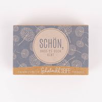 85485-La-Vida-Naturkosmetik-Schafmilchseife-Schoen--dass-es-dich-gibt-Pusteblumen-blau-100g-KW34-2023-018-7.jpg Schafmilchseife in Geschenkverpackung aus Papier mit Pusteblumenmuster "Schön, dass es dich gibt"