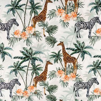 Baumwollstoff Popeline Digitaldruck Giraffe Zebra Palmen weiß 1,50m Breite
