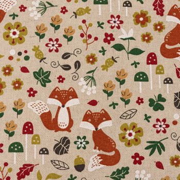 Dekostoff Kinderstoff Halbpanama Leinenlook Autumn Woodland Fox Herbst Füchse natur bunt 1,40m Breite