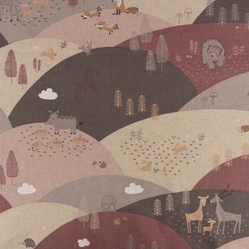 Dekostoff Kinderstoff Halbpanama Leinenlook Mountain Forest Animals Waldtiere Hügel Tierrosa 140cm Breite