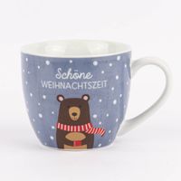 große tasse mit Motiv schöne Weihnachtszeit Schnee Bär blau henkel rechts 